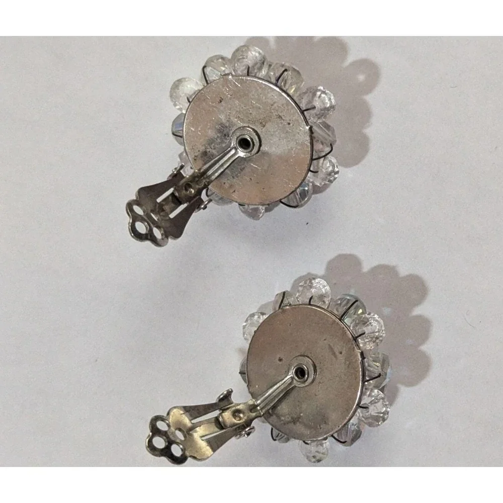 Vintage Aurora Borealis Crystal Cluster Clip On Earrings Silver Tone Floral‎ 60s